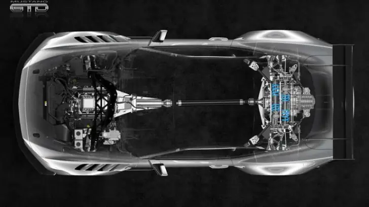 Mustang GTD overhead view showcasing internal chassis and drivetrain layout.